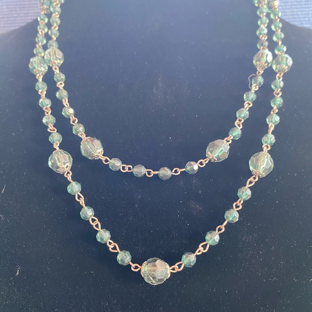 Necklace - Long Green and Gold, Bead and Chain.